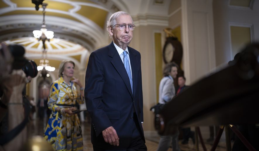Senate Minority Leader Mitch McConnell, R-Ky., arrives to speak to reporters at the Capitol in Washington, Wednesday, Oct. 4, 2023. (AP Photo/J. Scott Applewhite) **FILE**
