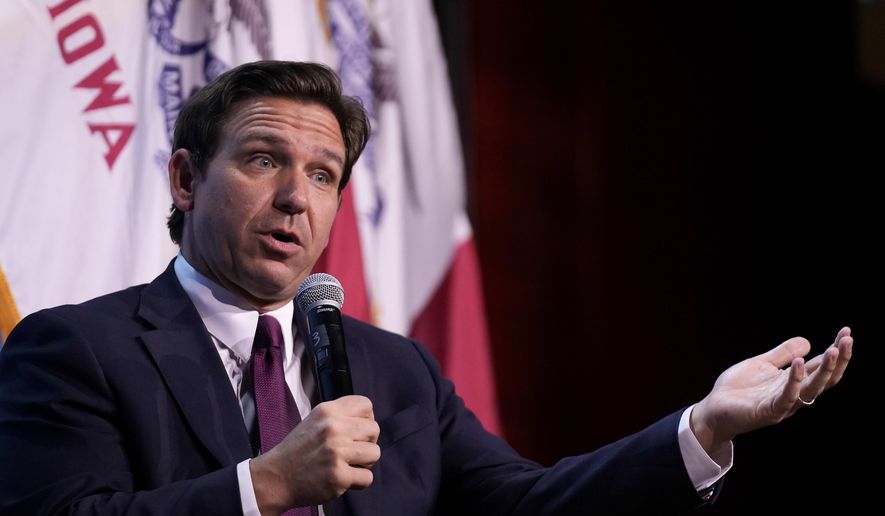 Republican presidential candidate Florida Gov. Ron DeSantis speaks at the Iowa Faith & Freedom Coalition's fall banquet, Saturday, Sept. 16, 2023, in Des Moines, Iowa. (AP Photo/Bryon Houlgrave)
