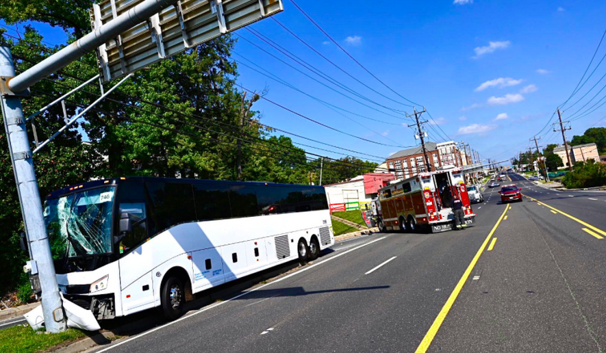 University of Maryland shuttle bus crashed into a light pole in College Park, Maryland. Photo by Prince George’s County Fire/EMS Department