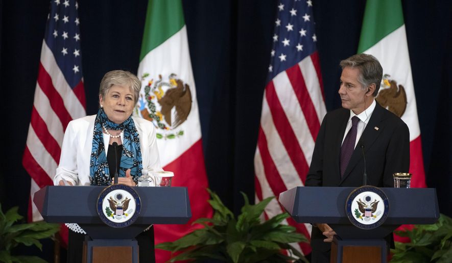Mexico's Foreign Minister Alicia Barcena, left, speaks as Secretary of State Antony Blinken listens during a media briefing at the State Department, Friday, Sept. 29, 2023, in Washington. (AP Photo/Mark Schiefelbein)