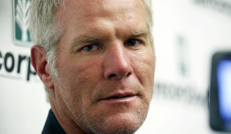 Former NFL quarterback Brett Favre speaks with reporters prior to his induction to the Mississippi Hall of Fame, Aug. 1, 2015, in Jackson, Miss. Favre will answer questions under oath about the misspending of federal welfare money in Mississippi, where public money intended to help some of the nation’s poorest people was used to fund pet projects he and other well-connected people supported. A notice of deposition filed Monday, Oct. 2, 2023, by attorneys for Mississippi's Department of Human Services shows Favre will give sworn testimony on Oct. 26. (AP Photo/Rogelio V. Solis, File)