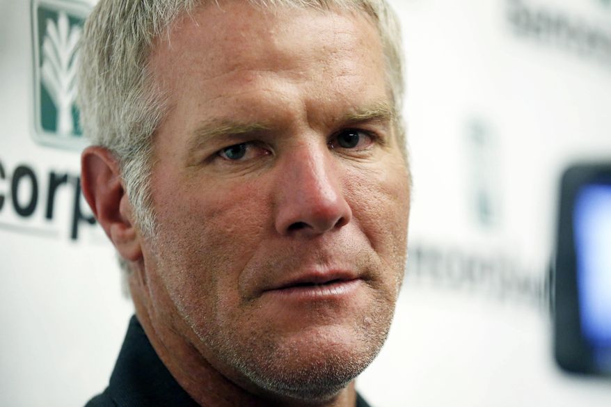 Former NFL quarterback Brett Favre speaks with reporters prior to his induction to the Mississippi Hall of Fame, Aug. 1, 2015, in Jackson, Miss. Favre will answer questions under oath about the misspending of federal welfare money in Mississippi, where public money intended to help some of the nation’s poorest people was used to fund pet projects he and other well-connected people supported. A notice of deposition filed Monday, Oct. 2, 2023, by attorneys for Mississippi's Department of Human Services shows Favre will give sworn testimony on Oct. 26. (AP Photo/Rogelio V. Solis, File)
