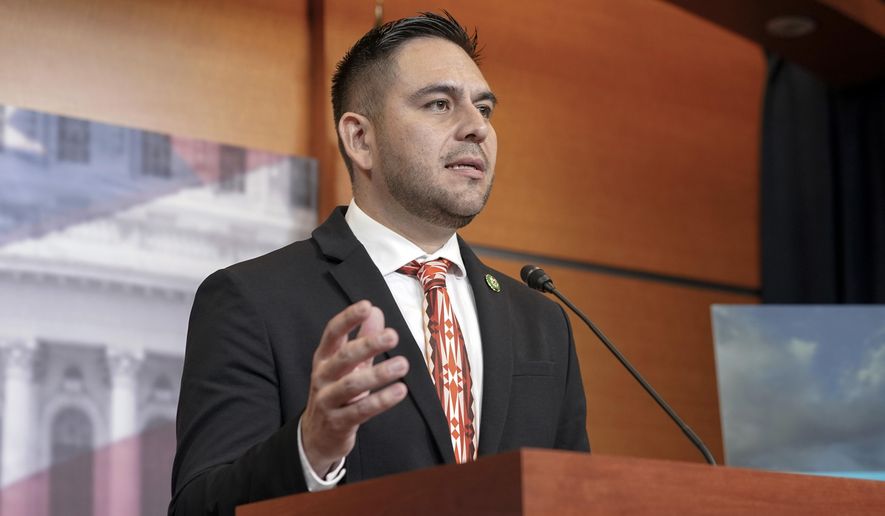 Rep. Gabe Vasquez, D-N.M., speaks during a news conference to announce the bipartisan Southwest Caucus, Thursday, June 15, 2023, on Capitol Hill in Washington. A New Mexico state judge ruled against a Republican Party challenge of new congressional boundaries approved by Democrats that divvied up a politically conservative oil-producing region, in an order published Friday, Oct. 6, 2023. New Mexico’s 2nd District is one of about a dozen that are in the spotlight nationally as Republicans campaign to hold onto their slim majority in the U.S. House of Representatives in 2024. (AP Photo/Mariam Zuhaib, File)