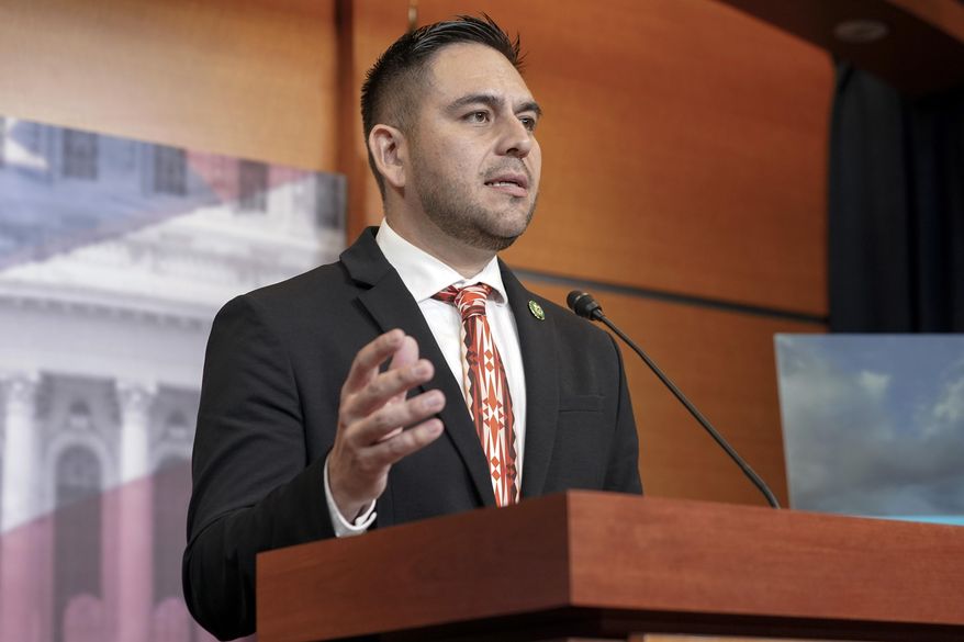 Rep. Gabe Vasquez, D-N.M., speaks during a news conference to announce the bipartisan Southwest Caucus, Thursday, June 15, 2023, on Capitol Hill in Washington. A New Mexico state judge ruled against a Republican Party challenge of new congressional boundaries approved by Democrats that divvied up a politically conservative oil-producing region, in an order published Friday, Oct. 6, 2023. New Mexico’s 2nd District is one of about a dozen that are in the spotlight nationally as Republicans campaign to hold onto their slim majority in the U.S. House of Representatives in 2024. (AP Photo/Mariam Zuhaib, File)