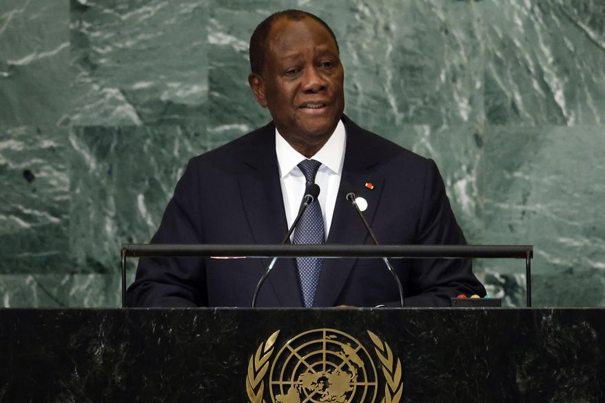 FILE - President of Ivory Coast Alassane Ouattara addresses the 77th session of the United Nations General Assembly, at U.N. headquarters, Wednesday, Sept. 21, 2022. Ivory Coast President Alassane Ouattara has removed the country’s prime minister and dissolved the government, according to a senior public official. The presidency’s secretary general Abdourahmane Cissé said in a statement Friday, Oct. 6, 2023 that Prime Minister Patrick Achi was removed alongside the members of the government after the president signed a decree terminating their roles in exercising his constitutional powers. (AP Photo/Jason DeCrow, file)