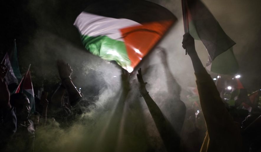 People chant anti-Israel slogans while waving Palestinian flags during a rally celebrating the attacks that the militant Hamas group carried out against Israel, in Istanbul, Turkey, Saturday, Oct. 7, 2023. (AP Photo/Khalil Hamra, File)