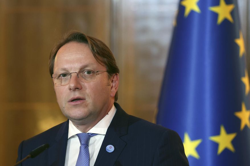 EU Commissioner for Neighborhood and Enlargement Oliver Varhelyi speaks during a press conference in Tirana, Albania, on Oct. 6, 2023. Varhelyi said Monday Oct. 9, 2023 the bloc is suspending “all payments immediately” to the Palestinians because of what he called the “scale of terror and brutality” during the attacks of Hamas against Israel. (AP Photo/Franc Zhurda, File)