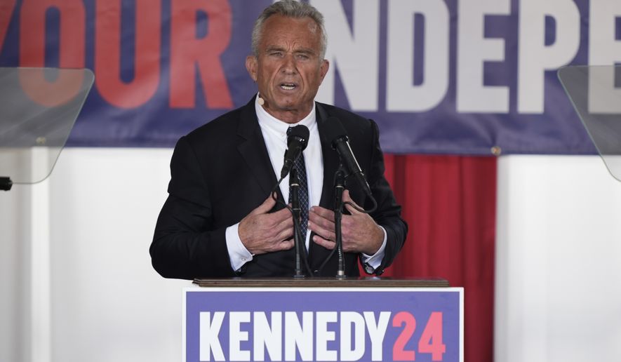 Presidential candidate Robert F. Kennedy, Jr. speaks during a campaign event at Independence Mall, Monday, Oct. 9, 2023, in Philadelphia. (AP Photo/Matt Rourke)