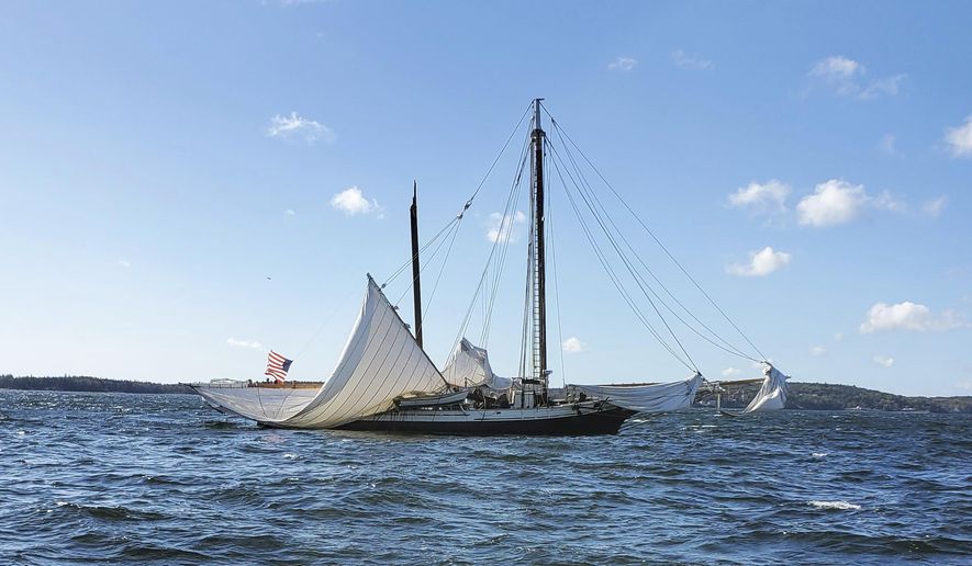 This photo provided by Kurt Schleicher shows the schooner Grace Bailey with its main mast broken off the coast of Rockland, Maine, on Monday, Oct. 9, 2023. (Kurt Schleicher via AP)