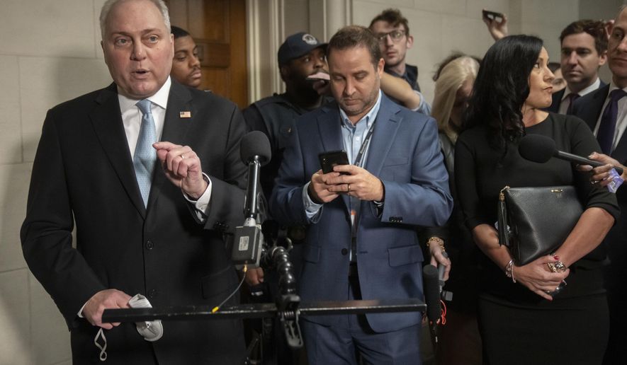 House Majority Leader Steve Scalise of La., speaks to reporters as he arrives for a meeting of House Republicans to vote on candidates for Speaker of the House on Capitol Hill, Wednesday, Oct. 11, 2023 in Washington. Stalemated over a new House speaker, the Republican majority is scheduled to convene behind closed doors to try to vote on a nominee. But lawmakers say Wednesday's private ballots to replace ousted Speaker Kevin McCarthy could take a while. (AP Photo/Mark Schiefelbein)