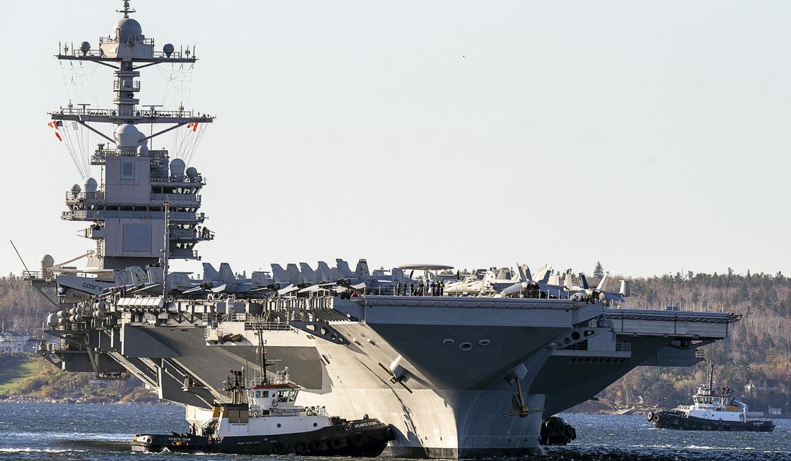 The USS Gerald R. Ford, one of the world's largest aircraft carriers, arrives in Halifax on Oct. 28, 2022. (Andrew Vaughan/The Canadian Press via AP, File)