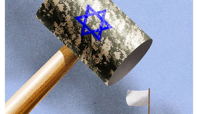 Illustration on the Hamas/Israel conflict by Alexander Hunter/The Washington Times