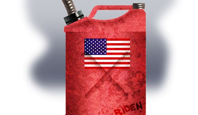 Illustration on Biden&#x27;s U.S. energy dependence by Alexander Hunter/The Washington Times