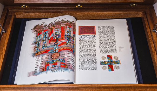 The opening verses of the New Testament book of Matthew, with an illustration of the genealogy of Jesus, from The St. John’s Bible, are believed to be the first hand-lettered Scriptures commissioned in more than 500 years. A special reproduction has been donated to the Washington National Cathedral. (Photo courtesy of The St. John’s Bible Heritage Program)