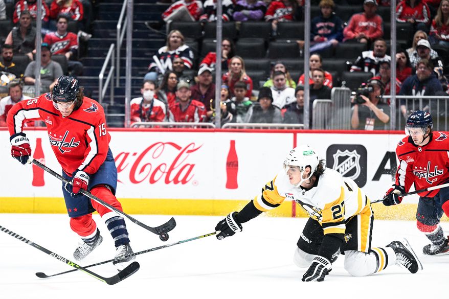Washington Capitals left wing Sonny Milano (15) backhands a shot on net against the Pittsburgh Penguins at Capital One Arena, Washington, D.C., October 13, 2023. (Photo by Brian Murphy for the Washington Times)