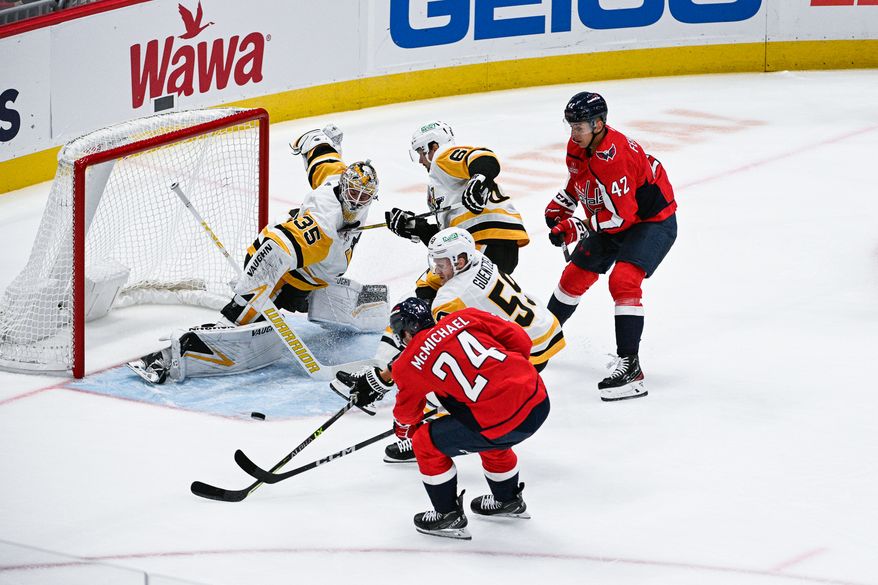 Washington Capitals center Connor McMichael (24) takes a shot on net during the first period against the Pittsburgh Penguins at Capital One Arena, Washington, D.C., October 13, 2023. (Photo by Brian Murphy for the Washington Times)