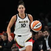 Las Vegas Aces&#x27; Kelsey Plum (10) looks to pass during the second half in Game 4 of a WNBA basketball final playoff series against the New York Liberty, Wednesday, Oct. 18, 2023, in New York. The Aces won 70-69. (AP Photo/Frank Franklin II)