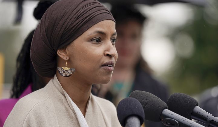 Rep. Ilhan Omar, D-Minn., talks during a press conference to call for a cease-fire in Israel and Gaza on Capitol Hill, Friday, Oct. 20, 2023, in Washington. (AP Photo/Mariam Zuhaib) **FILE**