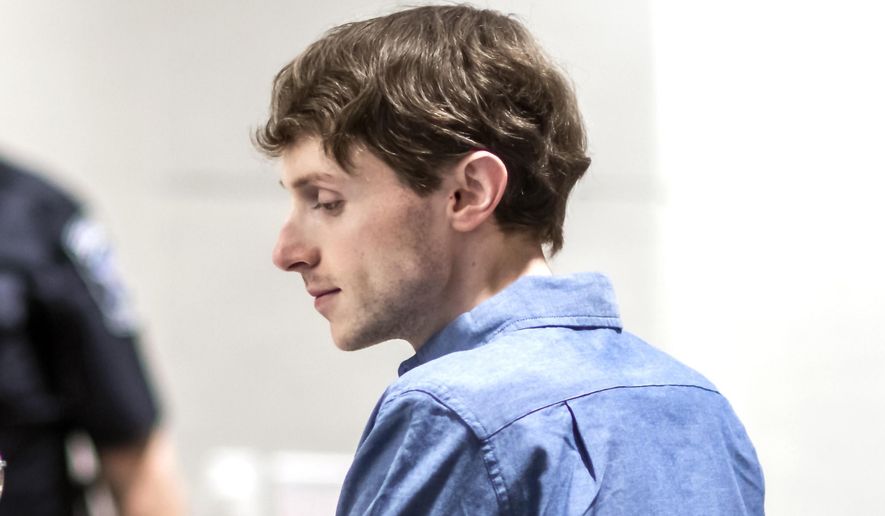 FILE - Logan Clegg talks with defense attorney Maya Dominguez at his trial at Merrimack County Superior Court, Tuesday, Oct. 3, 2023, in Concord, N.H. A jury on Friday, Oct. 20, began deliberating the case of Clegg, charged with fatally shooting a retired New Hampshire couple on a hiking trail, with prosecutors saying he lied to police to cover up his crimes and defense attorneys saying the wrong person was arrested. (Geoff Forester/The Concord Monitor via AP, Pool, File)