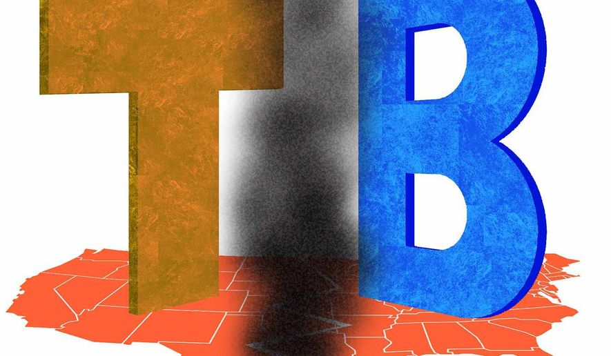 Illustration on the turmoil coming with the next election of Biden versus Trump by Alexander Hunter/The Washington Times