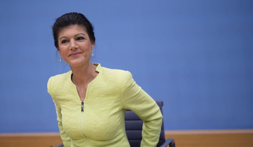 German politician Sahra Wagenknecht, best-known face of the Left Party, arrives for a news conference to announce the founding of a precursor to a new party in Berlin, Germany, Monday, Oct. 23, 2023. (AP Photo/Markus Schreiber)