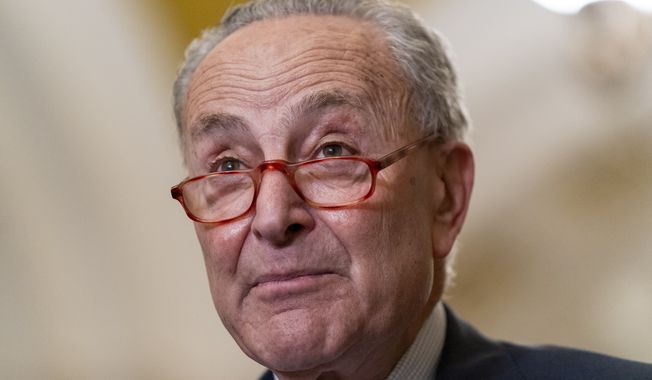Senate Majority Leader Chuck Schumer, D-N.Y. speaks to media after a Senate Democratic policy luncheon, Tuesday, Oct. 24, 2023, on Capitol Hill in Washington. (AP Photo/Stephanie Scarbrough)