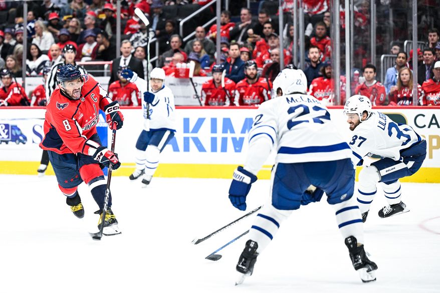 Washington Capitals left wing Alex Ovechkin (8) fires a wrist shot on net against the Toronto Maple Leafs at Capital One Arena, Washington, D.C., October 24, 2023. (Photo by Brian Murphy for the Washington Times)