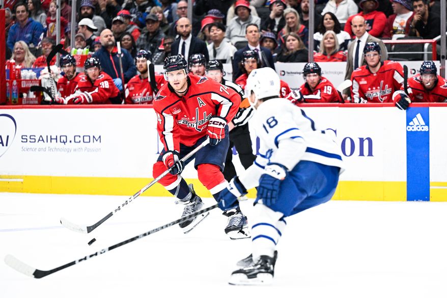 Washington Capitals defenseman John Carlson (74) looks for an open teammate to pass to against the Toronto Maple Leafs at Capital One Arena, Washington, D.C., October 24, 2023. (Photo by Brian Murphy for the Washington Times)