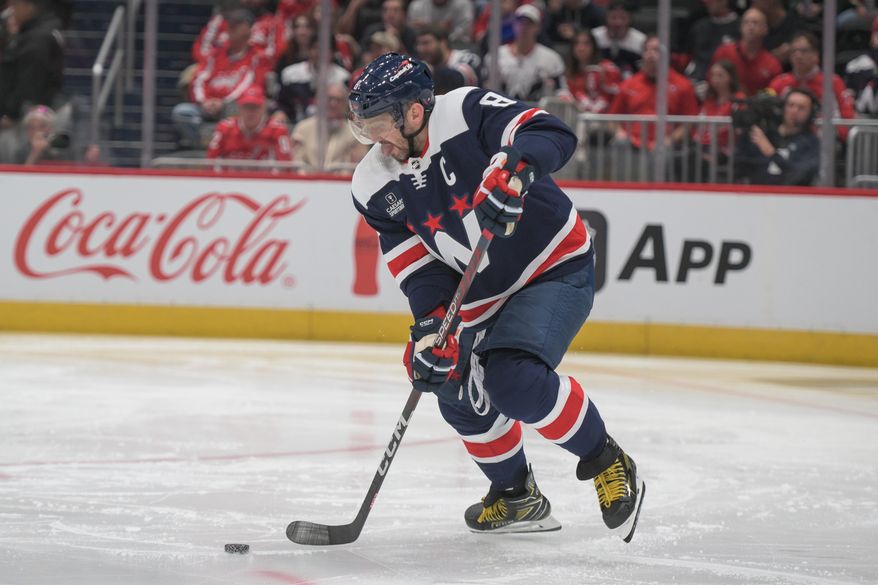 Washington Capitals left wing Alex Ovechkin (8) skating with the puck during the third period of an NHL game against the Minnesota Wild at Capital One Arena in Washington D.C., October 27, 2023. (Photo by Billy Sabatini)