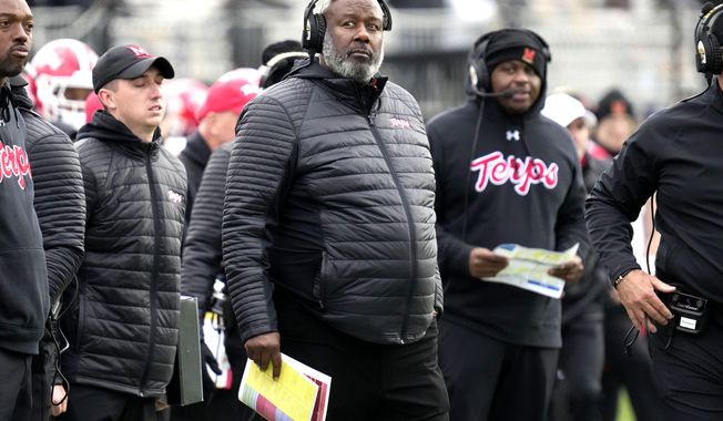 Maryland head coach Mike Locksley reacts as he looks on from the sideline during the second half of an NCAA college football game against Northwestern, Saturday, Oct. 28, 2023, in Evanston, Ill. Northwestern won 33-27. (AP Photo/Nam Y. Huh)