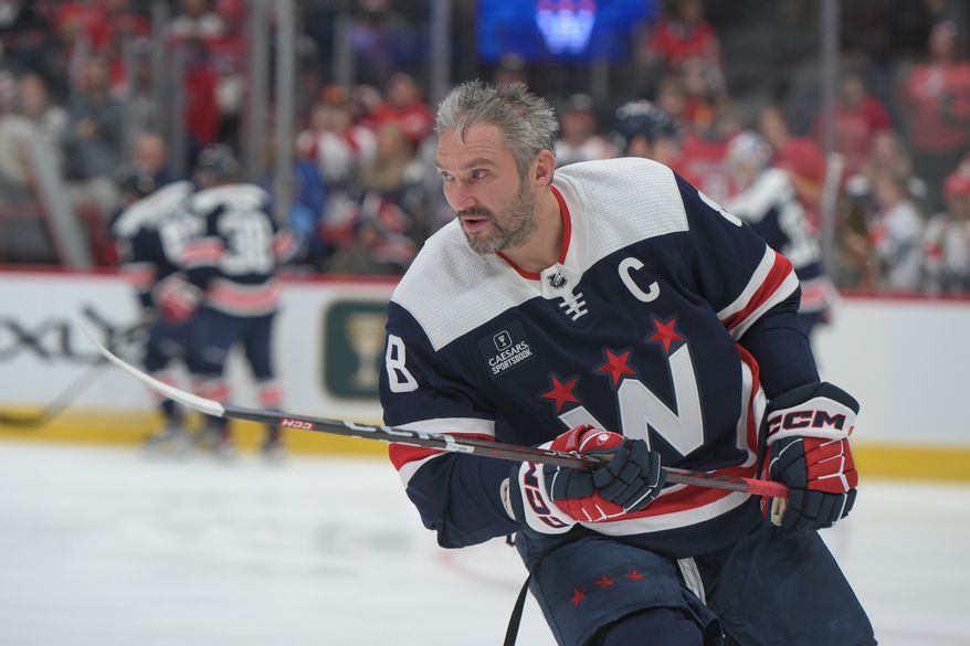 Washington Capitals left wing Alex Ovechkin (8) on the ice during pre-game warmups before an NHL game against the Minnesota Wild at Capital One Arena in Washington D.C., October 27, 2023. (Photo by Billy Sabatini)