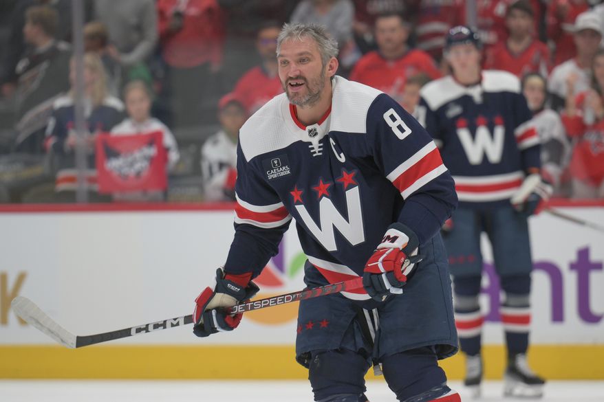Washington Capitals left wing Alex Ovechkin (8) on the ice during pre-game warmups before an NHL game against the Minnesota Wild at Capital One Arena in Washington D.C., October 27, 2023. (Photo by Billy Sabatini)