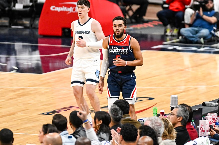 Washington, D.C.: Tyus Jones (5) celebrates a three point make. The Washington Wizards defeat the Memphis Grizzlies in their home season opener from the Capital One Arena in Washington, D.C. on October 28th, 2023. (Photo: Joe Glorioso | Washington Times Sports)