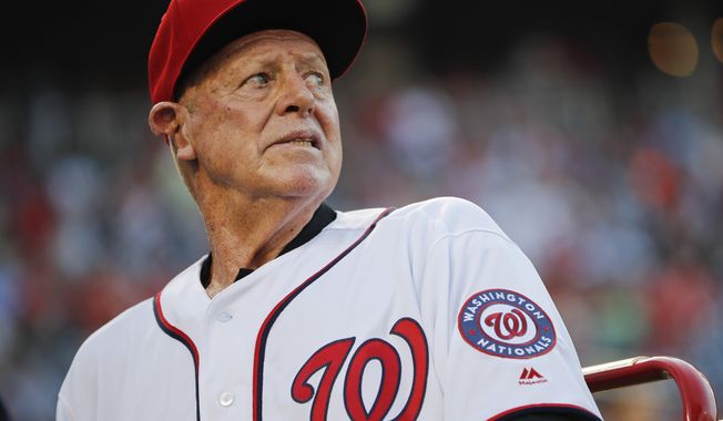 FILE - Former Washington Senators player Frank Howard looks on during a pregame ceremony at Nationals Park, Aug. 26, 2016, in Washington. Former major leaguer Howard has died at the age of 87. A spokesperson for the Washington Nationals confirmed the team was informed of Howard&#x27;s death Monday, Oct. 30, 2023, by his family. (AP Photo/Pablo Martinez Monsivais, File)