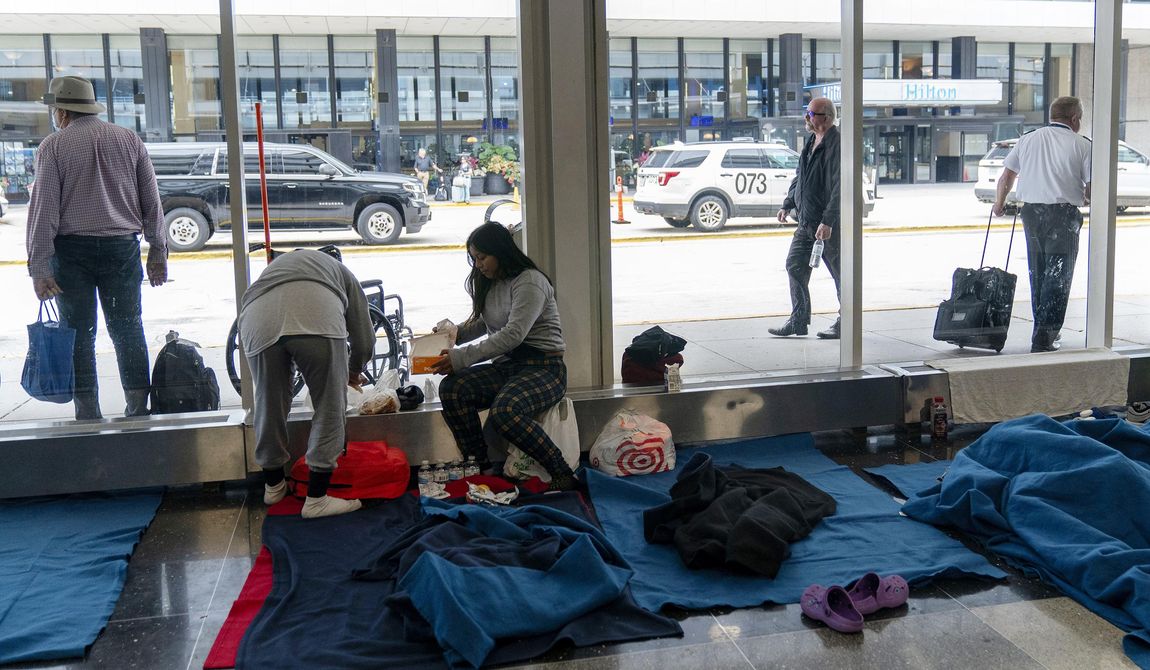 Run by a private firm hired by the city, migrants stay in a makeshift shelter at O&#x27;Hare International Airport, Sept. 20, 2023, in Chicago. Five mayors from around the U.S. want a meeting with President Joe Biden to ask for help controlling the continued arrival of large groups of migrants to their cities. The mayors of Denver, Chicago, Houston, New York and Los Angeles say in a letter to Biden that there has been little to no coordination, support or resources and that is leading to a crisis. (AP Photo/Erin Hooley) **FILE**