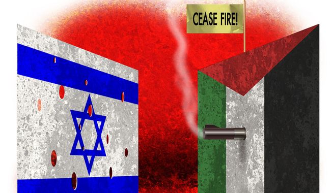 Never again Israel cease-fire and Hamas illustration by Alexander Hunter/The Washington Times