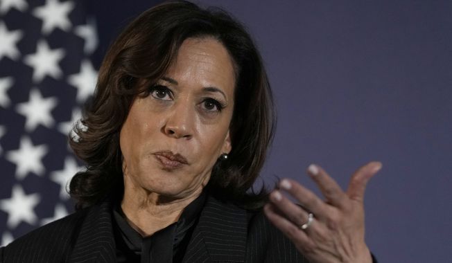 United States Vice President Kamala Harris speaks to the media after the end of the AI Saftey Summit in Bletchley Park, Milton Keynes, England, Thursday, Nov. 2, 2023. (AP Photo/Alastair Grant)