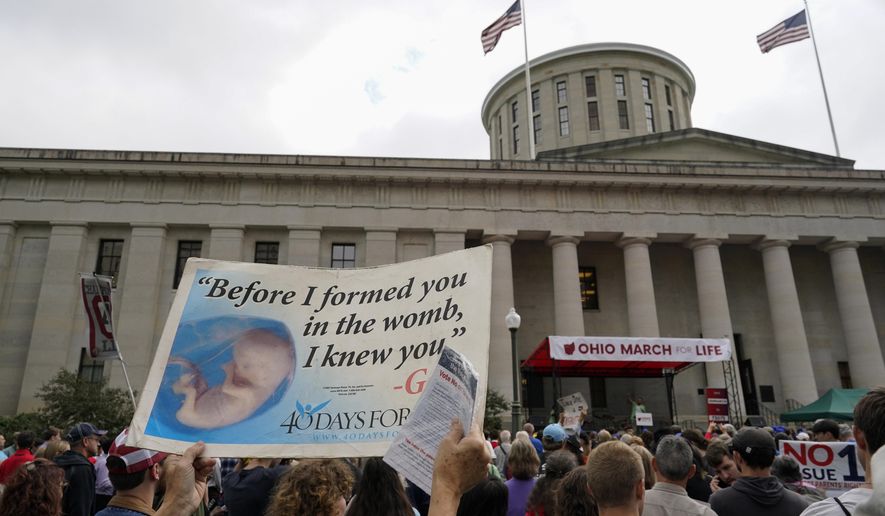 People gather during the Ohio March for Life rally at the Ohio State House in Columbus, Ohio, Oct. 6, 2023. Campaigning over the issue, which will be decided Tuesday, is expected to be a preview of abortion battles across the country in 2024. The measure, known as Issue 1, is the only abortion question on any state ballot this year. (AP Photo/Carolyn Kaster, File)