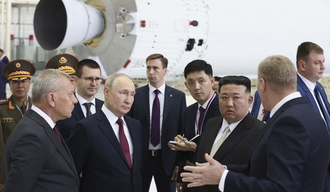 Russian President Vladimir Putin, second left in front, and North Korea&#x27;s leader Kim Jong Un, second right in front, examine a rocket assembly hangar during their meeting at the Vostochny Cosmodrome outside the city of Tsiolkovsky, about 125 miles from the city of Blagoveshchensk in the far eastern Amur region, Russia on Sept. 13, 2023. North Korea has likely supplied several types of missiles to Russia to support its war in Ukraine, along with its widely reported shipments of ammunition and shells, South Korea鈥檚 military said Thursday, Nov. 2, 2023. Russian Federal Space Corporation Roscosmos CEO Yuri Borisov is on the left. (Artyom Geodakyan, Sputnik, Kremlin Pool Photo via AP, File)