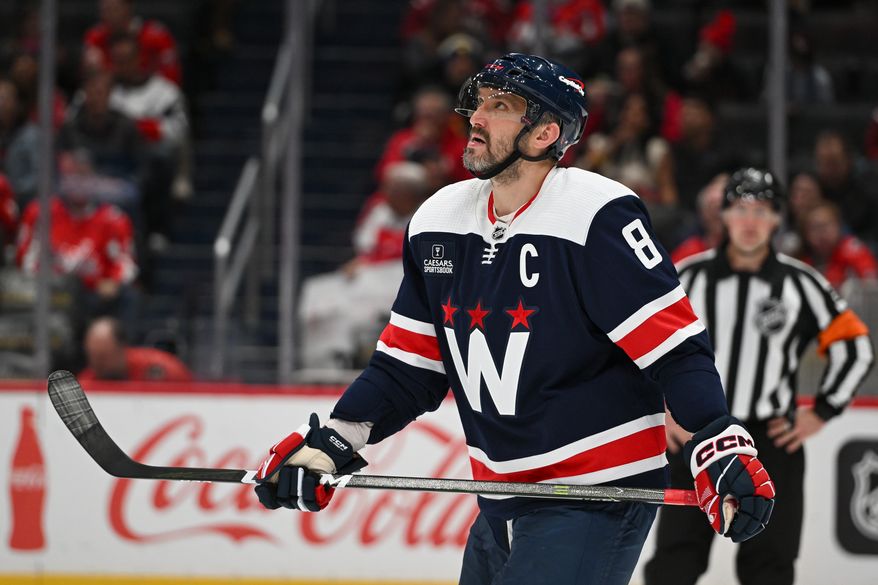 Washington Capitals left wing Alex Ovechkin (8) during a break in the action during the third period of an NHL game against the New York Islanders at Capital One Arena in Washington D.C., November 2, 2023. (Photo by Billy Sabatini)
