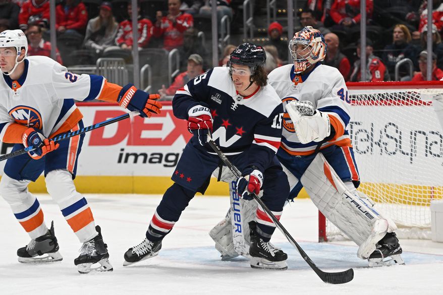 Washington Capitals left wing Sonny Milano (15) fighting for position in front of the net during the first period of an NHL game against the New York Islanders at Capital One Arena in Washington D.C., November 2, 2023. (Photo by Billy Sabatini)