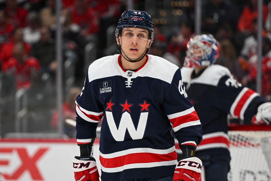 Washington Capitals defenseman Martin Fehervary (42) during a break in the action during the second period of an NHL game against the New York Islanders at Capital One Arena in Washington D.C., November 2, 2023. (Photo by Billy Sabatini)