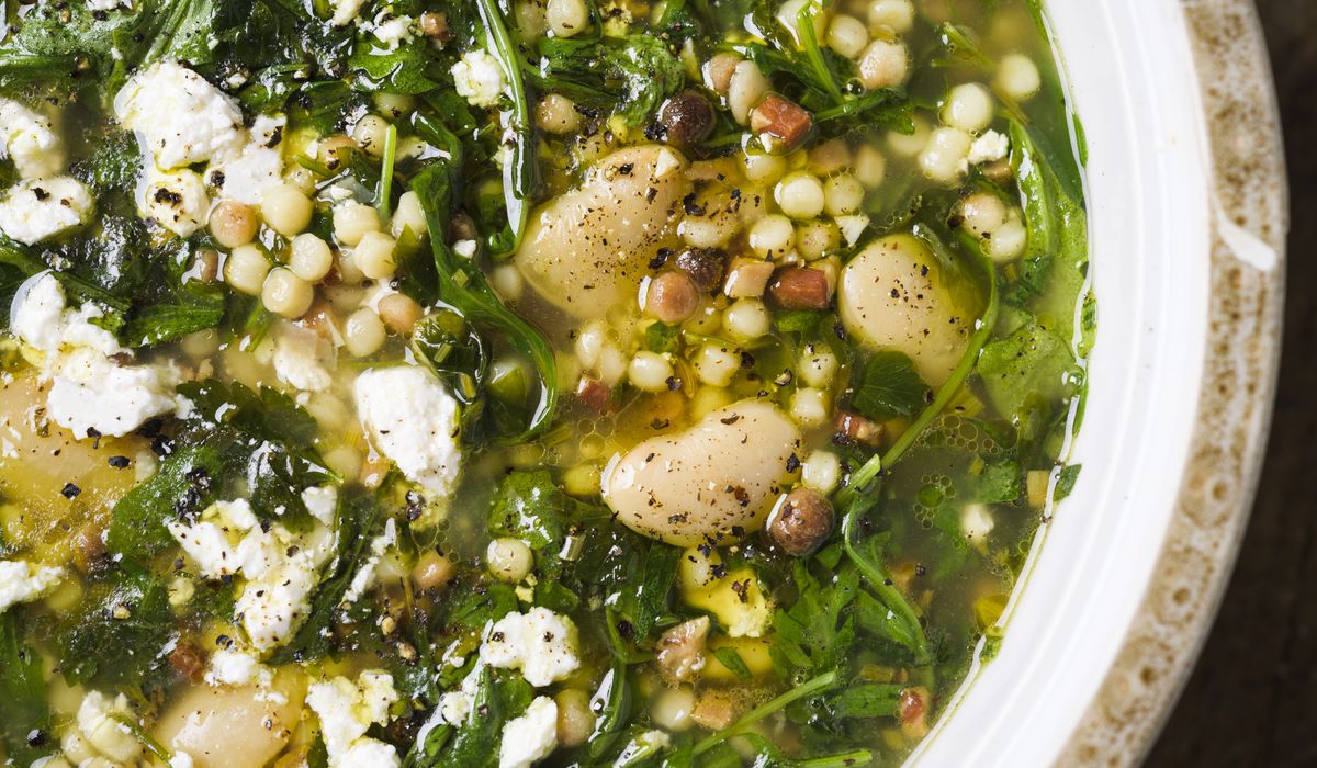 NextImg:Sardinian herb soup with fregola and white beans: Handfuls of fresh herbs enliven s’erbuzzu