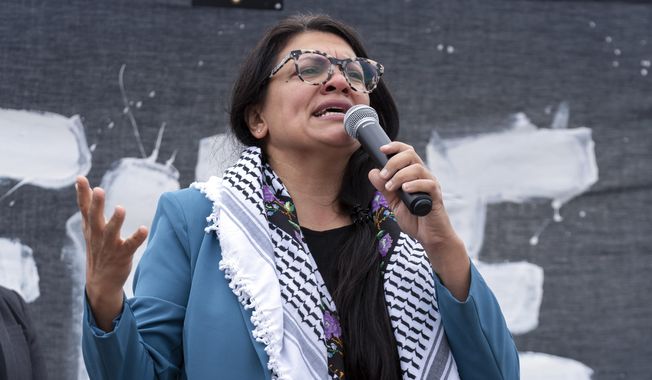 Rep. Rashida Tlaib, D-Mich., speaks during a rally at the National Mall during a pro-Palestinian demonstration in Washington, Oct. 20, 2023. (AP Photo/Jose Luis Magana) **FILE**