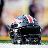 A Maryland helmet on the field before the a game between Maryland and Penn State. The Nittany Lions defeated the Terrapins 51 - 15 at SECU Stadium in College Park, Maryland on Saturday, November 4, 2023. (Photo: Taylor McLaughlin / All-Pro Reels)