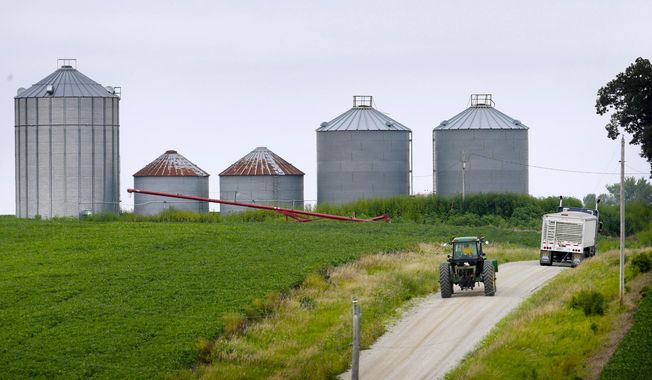 In this Aug. 5, 2014 file photo a farmer drives his tractor past a soybean field toward grain storage bins near Ladora, Iowa. U.S. agriculture has a big appetite for freer trade with Cuba, and soybeans are one of the main products Cuba now buys from the United States. (AP Photo/Charlie Neibergall, File)