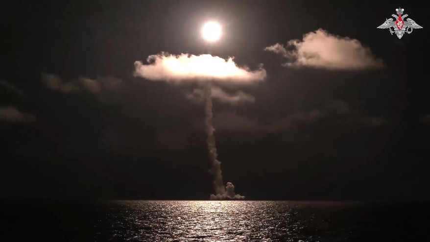 In this photo released by the Russian Defense Ministry Press Service on Sunday, Nov. 5, 2023, The Emperor Alexander III nuclear submarine of the Russian navy test-fires a Bulava intercontinental ballistic missile from the White Sea. The Defense Ministry said the missile's warheads successfully reached designated practice targets on the Kura range on the far-eastern Kamchatka Peninsula. (Russian Defense Ministry Press Service via AP) ** FILE **