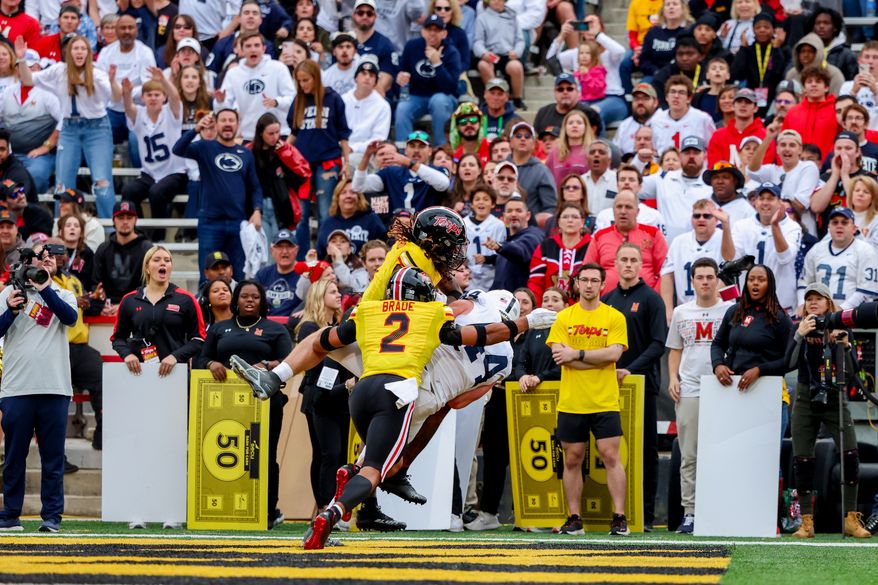 Tight end Tyler Warren (44) scoring a touchdown for Penn State. The Penn State Nittany Lions defeated the Maryland Terrapins 51 - 15 at SECU Stadium in College Park, Maryland on Saturday, November 4, 2023. (Photo: Taylor McLaughlin / All-Pro Reels)