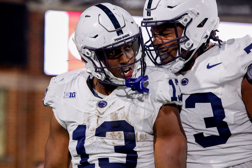 Running back Kaytron Allen (13) celebrating his touchdown with teammates. The Penn State Nittany Lions defeated the Maryland Terrapins 51 - 15 at SECU Stadium in College Park, Maryland on Saturday, November 4, 2023. (Photo: Taylor McLaughlin / All-Pro Reels)