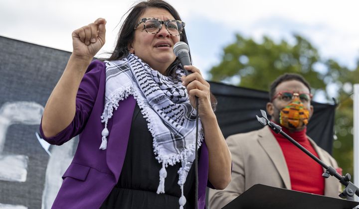 Rep. Rashida Tlaib, D-Mich., speaks during a demonstration calling for a ceasefire in Gaza, Oct. 18, 2023, near the Capitol in Washington. On Monday, Nov. 6, Tlaib responded to criticisms from fellow Democrats regarding a video she posted Friday, Nov. 3, that included a clip of demonstrators chanting “from the river to the sea.” Tlaib said in her response that her “colleagues” are trying to silence her and are “distorting her words.” (AP Photo/Amanda Andrade-Rhoades) **FILE**